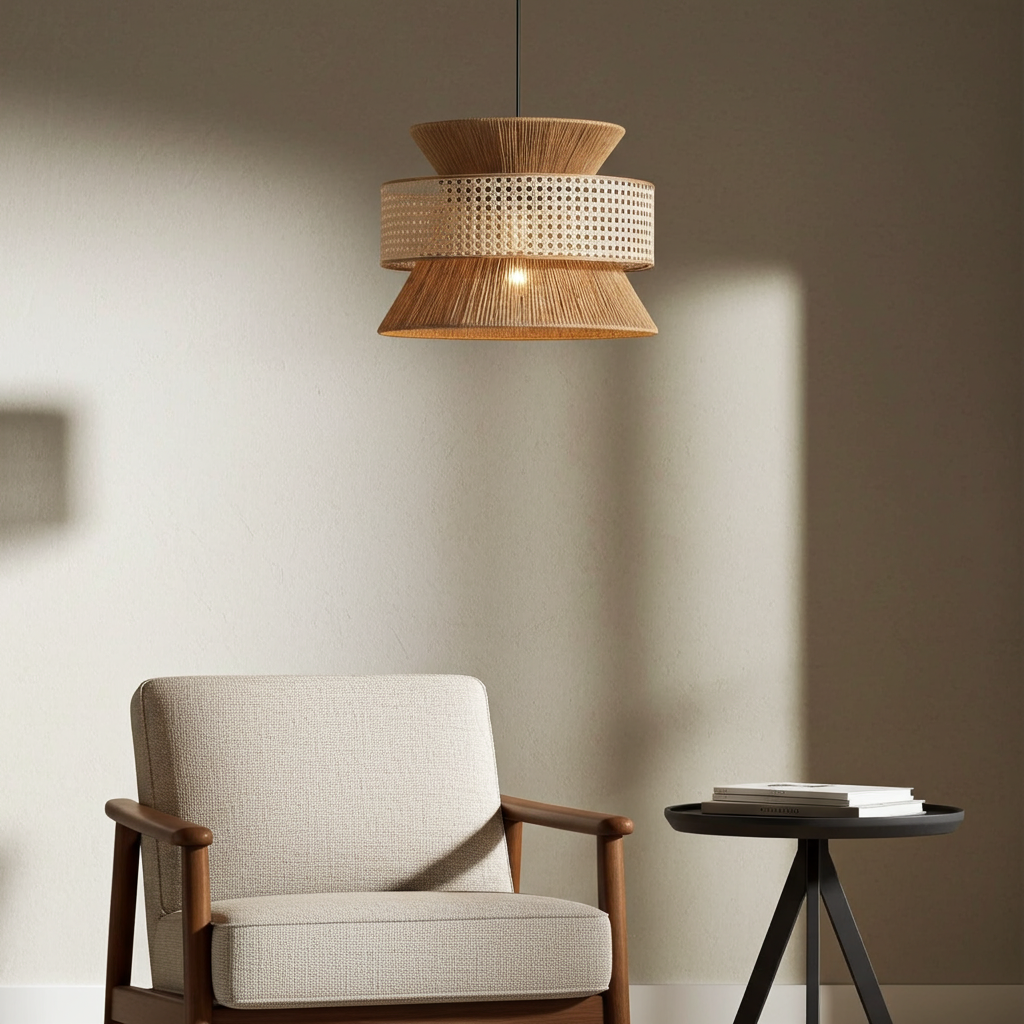 Haru | Lampada a sospensione in corda di canapa e rattan