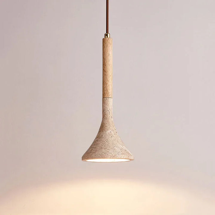 Tsuchi | Travertine &amp; Wood Funnel Pendant Light