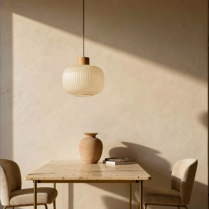 Hai | Milk Glass &amp; Wood Pendant Light