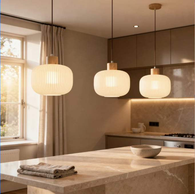 Hai | Milk Glass &amp; Wood Pendant Light