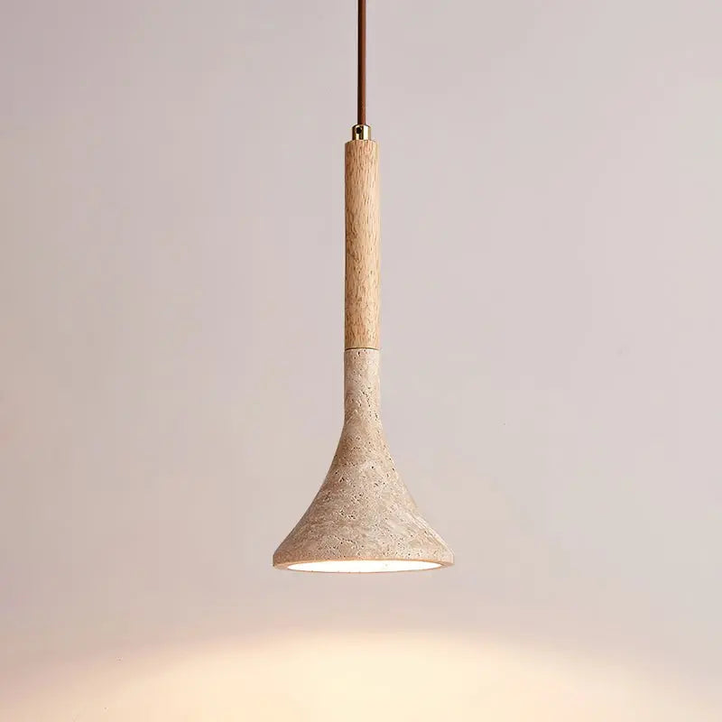Tsuchi | Travertine &amp; Wood Funnel Pendant Light