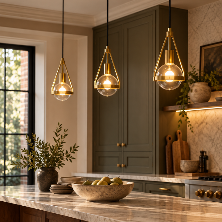 Three modern pendant lights with gold-toned metal frames and clear glass shades hang over a marble kitchen island in a warm, upscale kitchen setting.