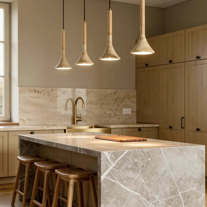 Tsuchi | Travertine &amp; Wood Funnel Pendant Light