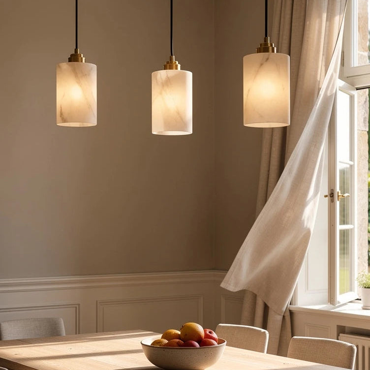 Celia Cylinder | Alabaster &amp; Brass Pendant Light
