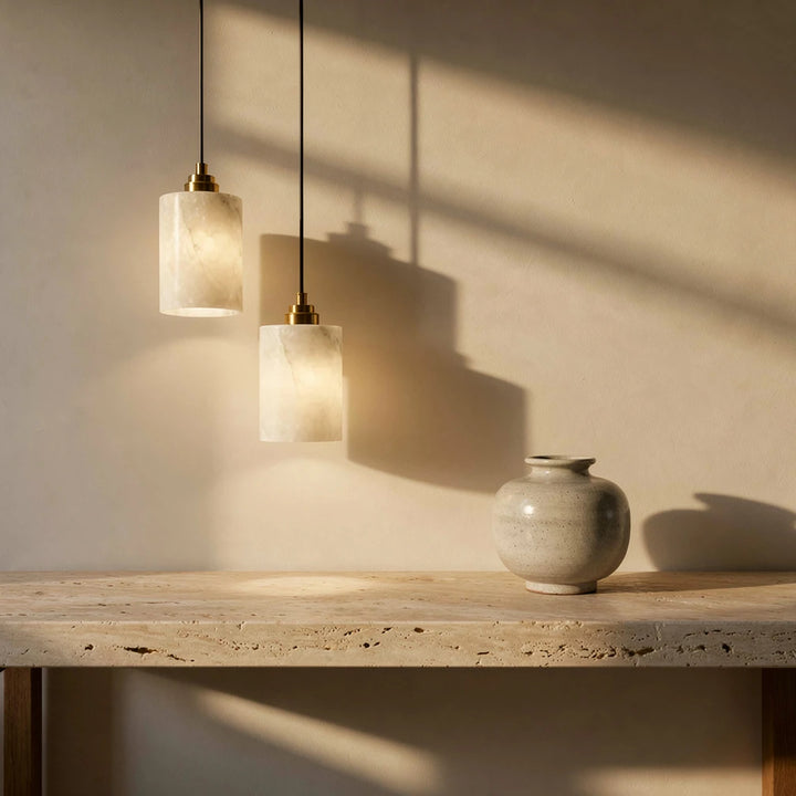 Celia Cylinder | Alabaster &amp; Brass Pendant Light